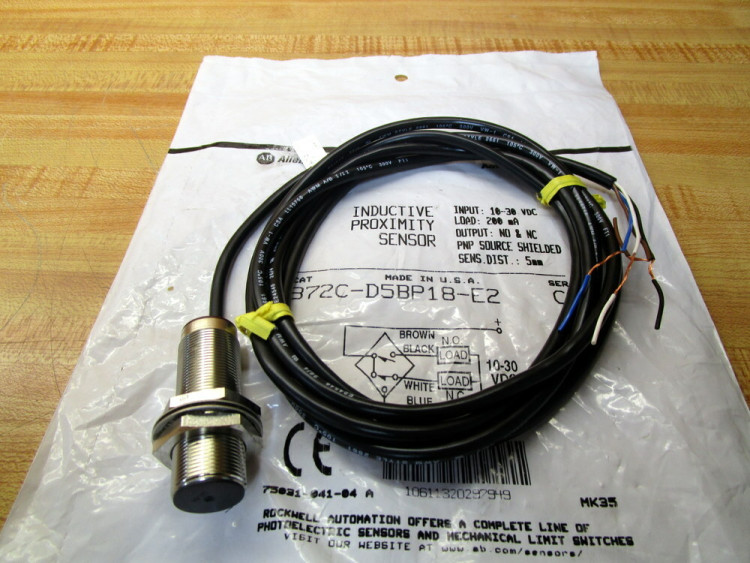 ALLEN BRADLEY 872C-D5BP18-E2 INDUCTIVE PROXIMITY SENSORS, WORLDPROX, COMPLEMENTARY OUTPUT, DC, 4-WIRE, 18 MM SHIELDED, LENGTH 50.8 MM, SENSING RANGE 5 MM, NO/NC, PNP, CABLE 2 M ALLEN BRADLEY 872C-D5BP18-E2 INDUCTIVE PROXIMITY SENSORS, WORLDPROX, COMPLEMENTARY OUTPUT, DC, 4-WIRE, 18 MM SHIELDED, LENGTH 50.8 MM, SENSING RANGE 5 MM, NO/NC, PNP, CABLE 2 M