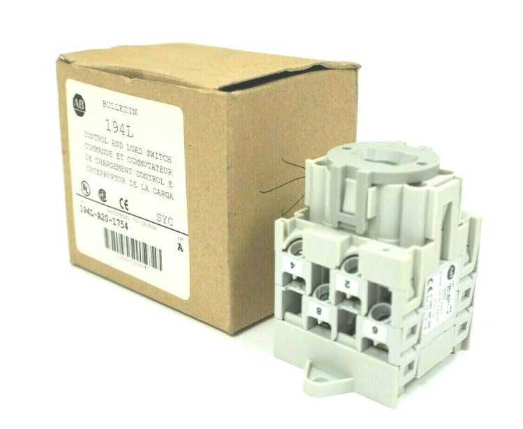 ALLEN BRADLEY 194L-A20-1754 CONTROL AND LOAD SWITCH, BASE/DIN-RAIL MOUNTING, 20A, ON-OFF SWITCH, 90 DEGREES, 0-1, 0H.9, 4 POLES