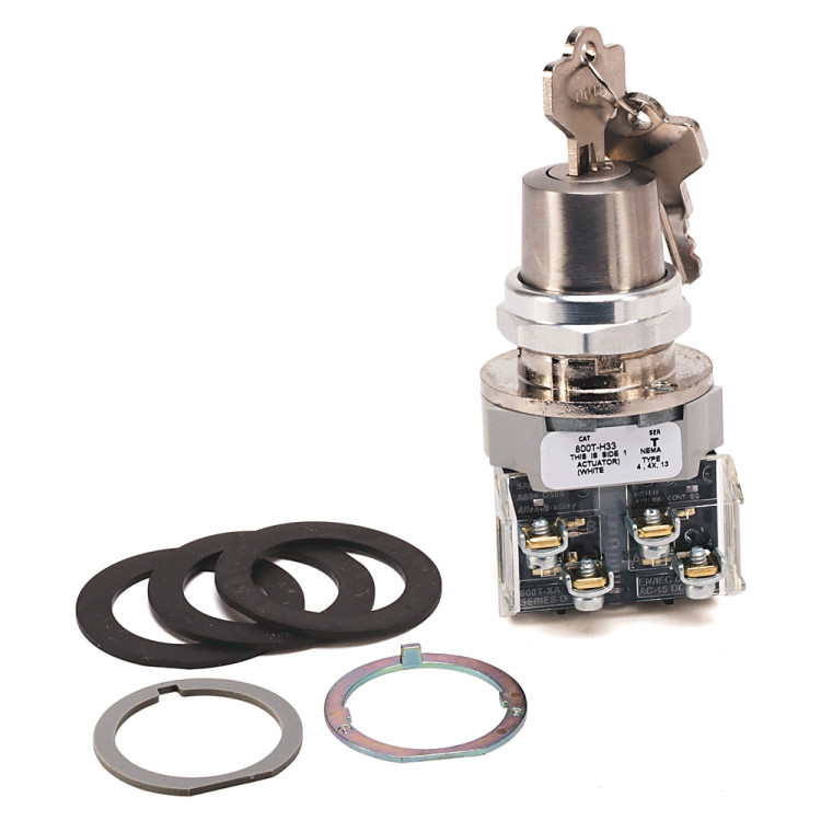 ALLEN BRADLEY 800T-J42B 30.5MM TYPE 4/13 3 POS. CYL. LOCK SEL. SWITCH, MAINT., LOCK CENTER, STD. KEY, D018 KEY