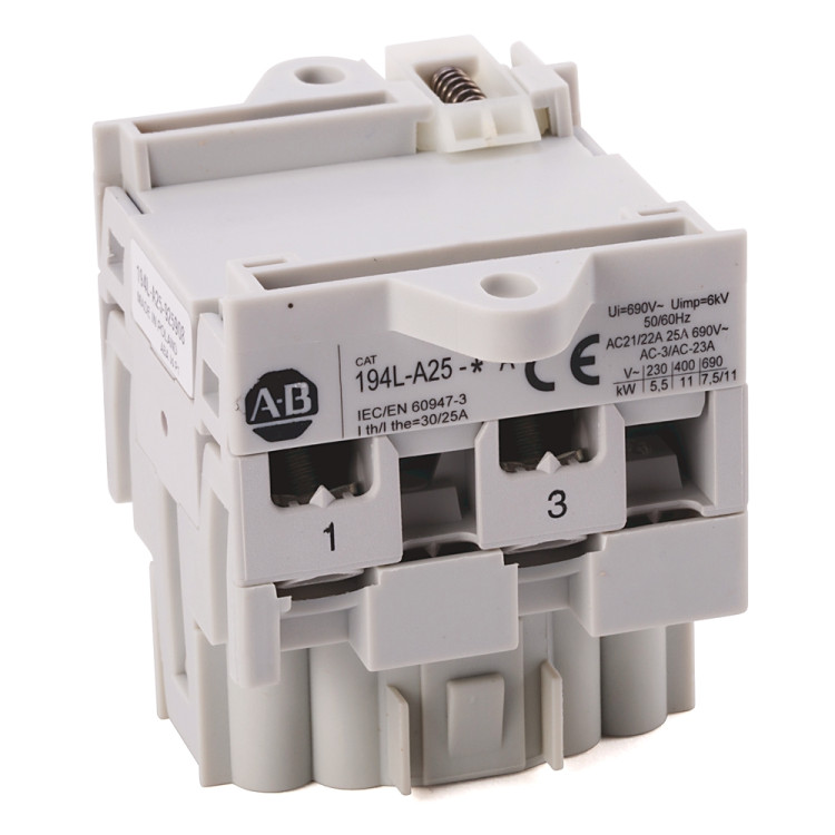 ALLEN BRADLEY 194L-A25-1753 CONTROL AND LOAD SWITCH, BASE/DIN-RAIL MOUNTING, 25A, ON-OFF SWITCH, 90 DEGREES, 0-1, 0H.9, 3 POLES