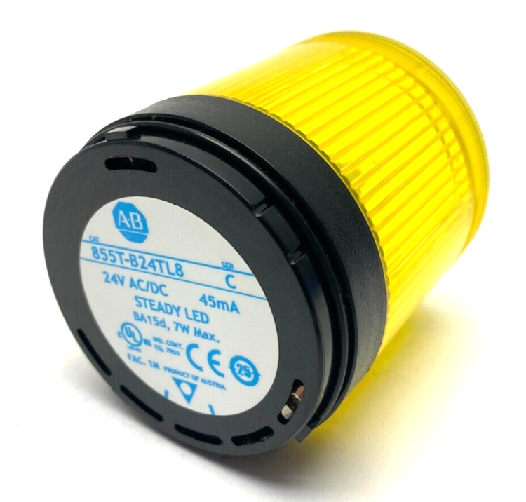 ALLEN BRADLEY 855T-B24TL8 CONTROL TOWER STACK LIGHT, BLACK HOUSING, 24V AC/DC FULL VOLTAGE, YELLOW STEADY LED (SOCKET MOUNT) ALLEN BRADLEY 855T-B24TL8 CONTROL TOWER STACK LIGHT, BLACK HOUSING, 24V AC/DC FULL VOLTAGE, YELLOW STEADY LED (SOCKET MOUNT)