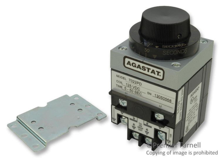 AGASTAT 7022PD TIME DELAY RELAY, DPDT, 50SEC, 125VDC; CONTACT CONFIGURATION:DPDT; NOM INPUT VOLTAGE:125V DC; DELAY TIME RANGE:5S TO 50S; TIMING ADJUSTMENT:KNOB; RELA
