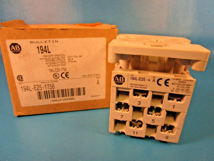 ALLEN BRADLEY 194L-A25-1756 CONTROL AND LOAD SWITCH, BASE/DIN-RAIL MOUNTING, 25A, ON-OFF SWITCH, 90 DEGREES, 0-1, 0H.9, 6 POLES