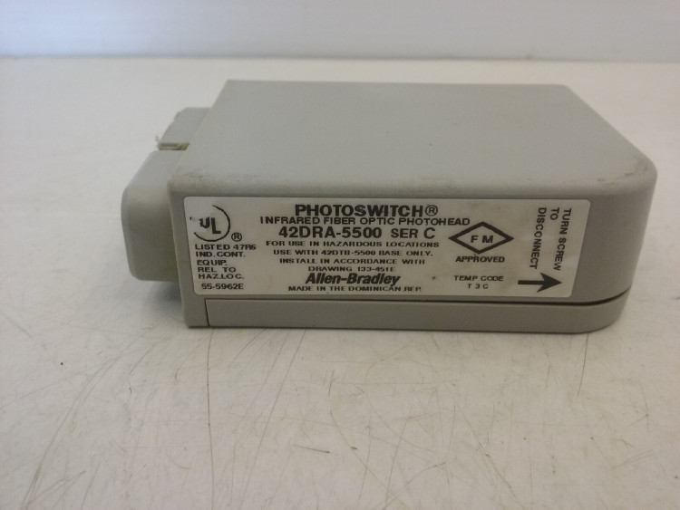 ALLEN BRADLEY 42DRA-5500 PHOTOELECTRIC SENSORS, BLUE LINE, INFRARED GLASS FIBER OPTIC/FIXED FOCUS/WIDE ANGLE DIFFUSE, PHOTOHEAD INTRINSICALLY SAFE, NPN/PNP, 1 MS, LIGHT/DARK SELECTABLE