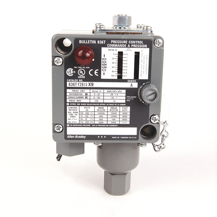 ALLEN BRADLEY 836T-T261JX9 836T PRESSURE CONTROLS - TRADITIONAL MACHINE TOOL, T - STYLE PRESSURE CONTROL. 8...100 PSI. ENCLOSURE TYPE 1, 4 AND 13 INDUSTRIAL USE.. S.P.D.T. , 2 - CIRCUIT CONTACT BLOCK. NEON PILOT LIGHT 120V AC