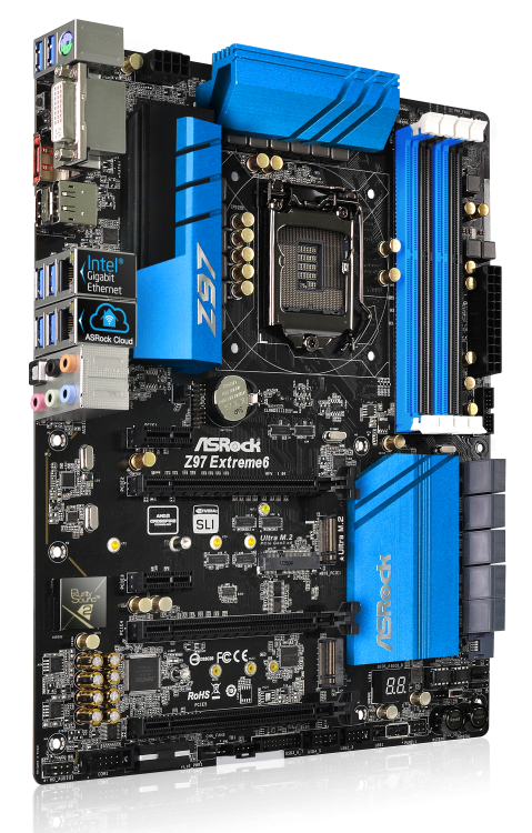 MB ASRock Z97 Extreme 6 LGA1150 iZ97 4xDDR3 3200+(OC), 1xSATA Express, 10xSATA3, 1x eSATA, 1xUltraM.2 (PCIe Gen3 x4), 1 M.2, DVI-I+HDMI+DisplayPort, 2xPCIe3.0 x16, 1xPCIe2.0x16, 2xPCIe2.0x1, 1xMini-PCIe Поддержка AMD 3-Way CrossFireX™, NVIDIA® Quad SLI™, MB ASRock Z97 Extreme 6 LGA1150 iZ97 4xDDR3 3200+(OC), 1xSATA Express, 10xSATA3, 1x eSATA, 1xUltraM.2 (PCIe Gen3 x4), 1 M.2, DVI-I+HDMI+DisplayPort, 2xPCIe3.0 x16, 1xPCIe2.0x16, 2xPCIe2.0x1, 1xMini-PCIe Поддержка AMD 3-Way CrossFireX™, NVIDIA® Quad SLI™,