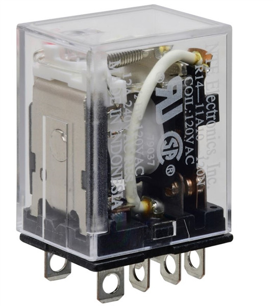 NTE R14-11A10-120N  POWER RELAY, DPDT, 120VAC, 10A, PLUG IN; RELAY TYPE:GENERAL PURPOSE; COIL VOLTAGE VAC NOM:120V; CONTACT CURRENT MAX:10A; CONTACT VOLTAGE AC NOM:240V;