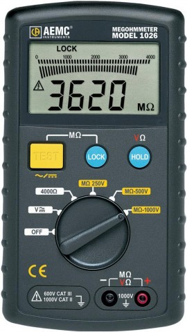 AEMC 1026 DIGITAL MEGOHMMETER, 1000V, 4000MOHM; INSULATION TESTER TYPE:DIGITAL MEGOHMMETER; INSULATION TESTING VOLTAGE:250V, 500V, 1KV; INSULATION TEST RESISTAN