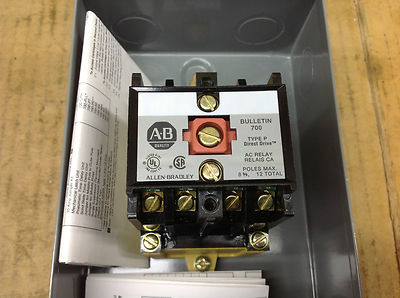 ALLEN BRADLEY 700-P401A1 700-P NEMA CONTROL RELAY, 4 N.O. CONTACTS W/ ENCLOSURE, 10 AMP AC CONTACT RATING, 110V 50HZ / 115-120V 60HZ