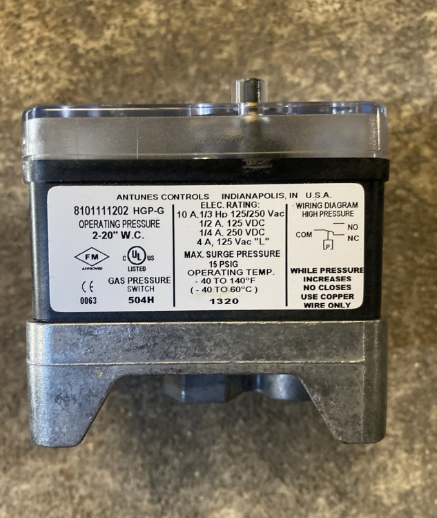 ANTUNES CONTROLS 8101111202 PRESSURE SWITCH SINGLE 2-20IN WC 1/4NPT MAN. RESET