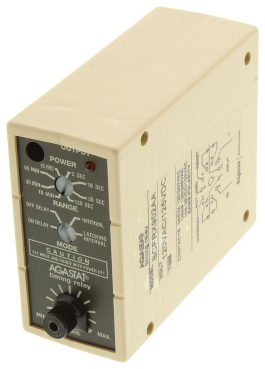 AGASTAT SCFRX902AA TIME DELAY RELAY, DPDT, 120SEC, 120VAC; CONTACT CONFIGURATION:DPDT; NOM INPUT VOLTAGE:120V AC; DELAY TIME RANGE:0.1S TO 120S; TIMING ADJUSTMENT:SCREWD