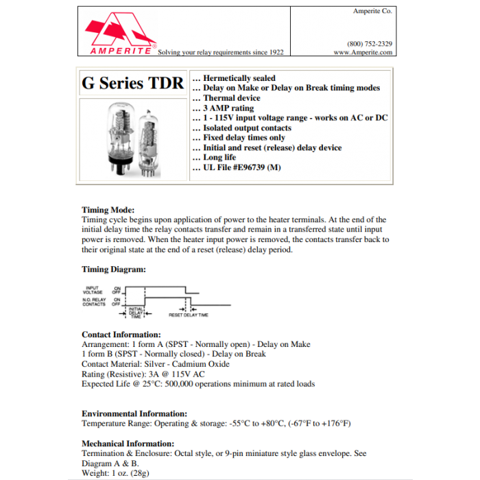 AMPERITE 115NO15B TIME DELAY RELAY SPST-NO 15SEC 115VAC/DC; CONTACT CONFIGURATION:SPST-NO; NOM INPUT VOLTAGE:115V; DELAY TIME RANGE:1S TO 15S; TIMING ADJUSTMENT:FIXED; AMPERITE 115NO15B TIME DELAY RELAY SPST-NO 15SEC 115VAC/DC; CONTACT CONFIGURATION:SPST-NO; NOM INPUT VOLTAGE:115V; DELAY TIME RANGE:1S TO 15S; TIMING ADJUSTMENT:FIXED;