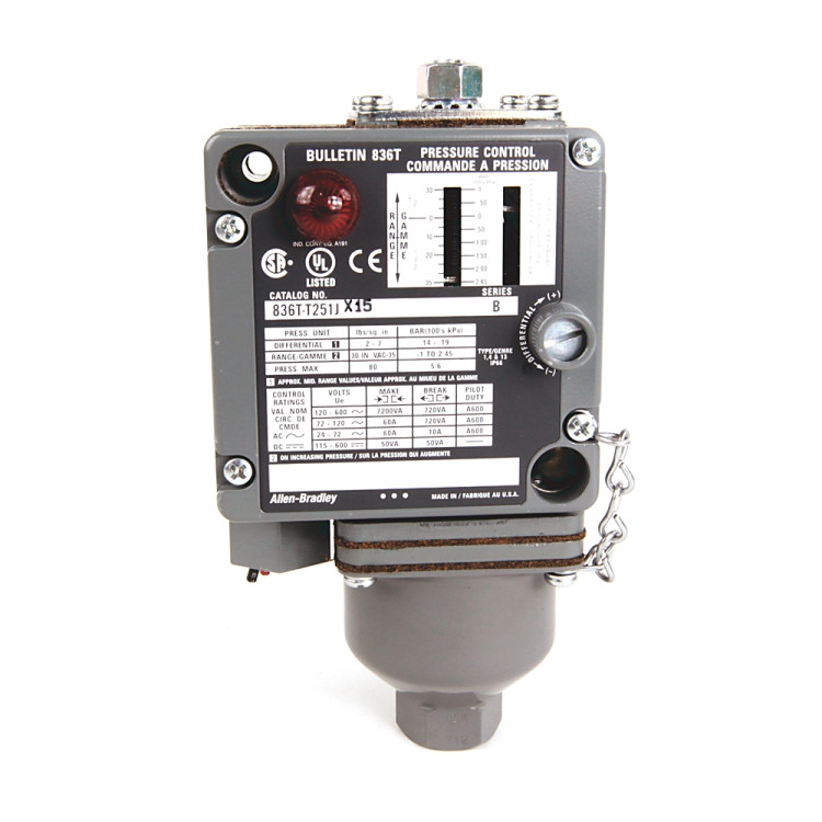 ALLEN BRADLEY 836T-T251JX9 836T PRESSURE CONTROLS - TRADITIONAL MACHINE TOOL, T - STYLE PRESSURE CONTROL. 30 HG VACUUM...35 PSI. ENCLOSURE TYPE 1, 4 AND 13 INDUSTRIAL USE.. S.P.D.T. , 2 - CIRCUIT CONTACT BLOCK. NEON PILOT LIGHT 120V AC ALLEN BRADLEY 836T-T251JX9 836T PRESSURE CONTROLS - TRADITIONAL MACHINE TOOL, T - STYLE PRESSURE CONTROL. 30 HG VACUUM...35 PSI. ENCLOSURE TYPE 1, 4 AND 13 INDUSTRIAL USE.. S.P.D.T. , 2 - CIRCUIT CONTACT BLOCK. NEON PILOT LIGHT 120V AC
