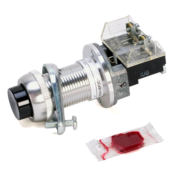 ALLEN BRADLEY 800H-BP2A HAZARDOUS LOCATION TYPE 7 9 MOMENTARY CONTACT PB, NON-ILLUMINATED., STANDARD BARREL LENGTH, EXTENDED HEAD, BLACK, 1 NO-1 NC