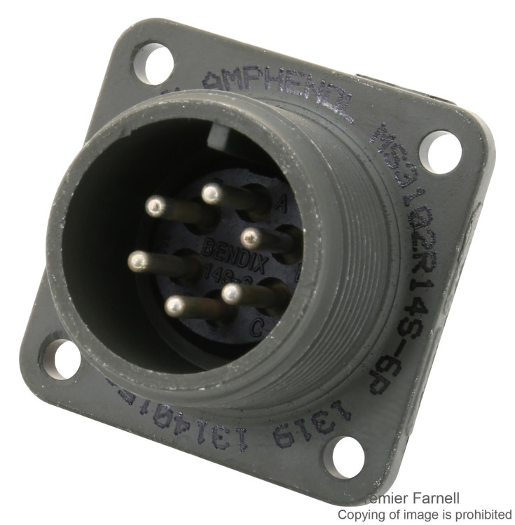 AMPHENOL MS3102R14S-6P CIRCULAR CONN, PLUG, SIZE 14S, 6POS, BOX; CONNECTOR TYPE:CIRCULAR MILITARY; CONNECTOR BODY MATERIAL:ALUMINIUM ALLOY; GENDER:PLUG; CONTACT GENDER:PIN;