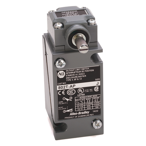 ALLEN BRADLEY 802T-A3P LIMIT SWITCHES, LEVER TYPE, SPRING RETURN, PLUG-IN STYLE, OILTIGHT, 2-CIRCUIT, SWITCH W/O LEVER, CLOCKWISE, 18DEG TRAVEL TO OPERATE ALLEN BRADLEY 802T-A3P LIMIT SWITCHES, LEVER TYPE, SPRING RETURN, PLUG-IN STYLE, OILTIGHT, 2-CIRCUIT, SWITCH W/O LEVER, CLOCKWISE, 18DEG TRAVEL TO OPERATE