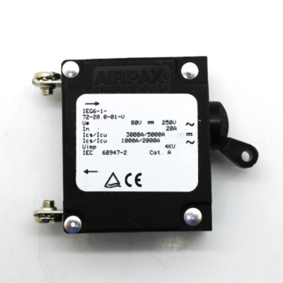 AIRPAX IELBX1172200M3V CIRCUIT PROTECTOR, HYD-MAG, 1P, 250V 20A; INPUT VOLTAGE VAC:250V; NO. OF POLES:1; CURRENT RATING:20A; INTERRUPTING CAPACITY:7.5KA; DIELECTRIC STRENGTH AIRPAX IELBX1172200M3V CIRCUIT PROTECTOR, HYD-MAG, 1P, 250V 20A; INPUT VOLTAGE VAC:250V; NO. OF POLES:1; CURRENT RATING:20A; INTERRUPTING CAPACITY:7.5KA; DIELECTRIC STRENGTH