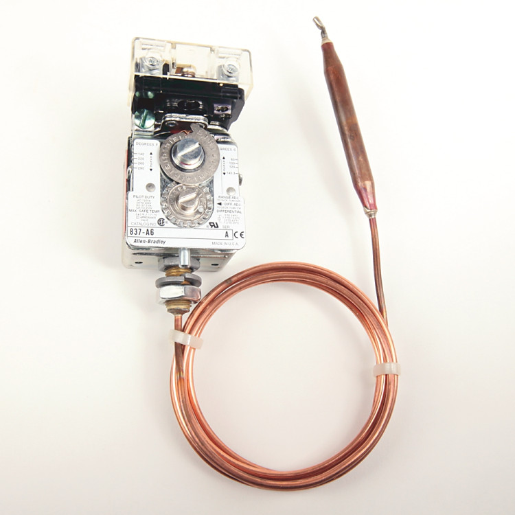 ALLEN BRADLEY 837-A6 837 TEMPERATURE CONTROLS, STYLE A, REMOTE BULB AND CAPILLARY, 140...290 DEGREES F, OPEN TYPE (WITHOUT ENCLOSURE)