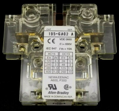 ALLEN BRADLEY 195-GA02 AUXILIARY CONTACT BLOCK, SIDE MOUNTING, 0 N.O. 2 N.C. ALLEN BRADLEY 195-GA02 AUXILIARY CONTACT BLOCK, SIDE MOUNTING, 0 N.O. 2 N.C.