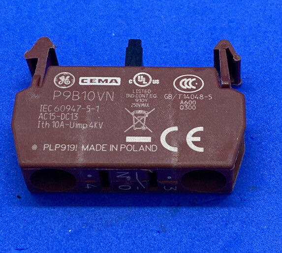 GENERAL ELECTRIC P9B10VN SWITCH CONTACT BLOCK, 1 POLE, P9 SERIES; FOR USE WITH:GE C-2000 PUSH BUTTON SWITCHES; NO. OF POLES:1; CONTACT CURRENT MAX:5MA; CONTACT VOLTAGE DC MAX: GENERAL ELECTRIC P9B10VN SWITCH CONTACT BLOCK, 1 POLE, P9 SERIES; FOR USE WITH:GE C-2000 PUSH BUTTON SWITCHES; NO. OF POLES:1; CONTACT CURRENT MAX:5MA; CONTACT VOLTAGE DC MAX:
