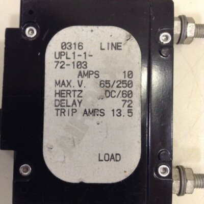 AIRPAX UPL1-1-72-103 CIRCUIT PROTECTOR, HYD-MAG, 1P, 250V 10A; INPUT VOLTAGE VAC:250V; NO. OF POLES:1; CURRENT RATING:10A; INTERRUPTING CAPACITY:5KA; DIELECTRIC STRENGTH:1 AIRPAX UPL1-1-72-103 CIRCUIT PROTECTOR, HYD-MAG, 1P, 250V 10A; INPUT VOLTAGE VAC:250V; NO. OF POLES:1; CURRENT RATING:10A; INTERRUPTING CAPACITY:5KA; DIELECTRIC STRENGTH:1
