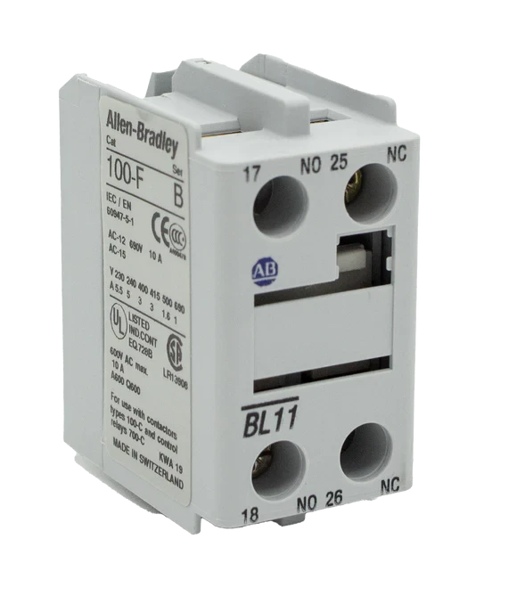 ALLEN BRADLEY 100-FBL11 AUXILIARY CONTACT BLOCK, FRONT MOUNTING TO BULLETIN 100-C30.C85 - CONTACTORS, 2-POLE, 1 EARLY MAKE + 1 LATE BREAK ALLEN BRADLEY 100-FBL11 AUXILIARY CONTACT BLOCK, FRONT MOUNTING TO BULLETIN 100-C30.C85 - CONTACTORS, 2-POLE, 1 EARLY MAKE + 1 LATE BREAK