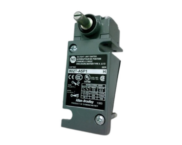 ALLEN BRADLEY 802T-A5P1 LIMIT SWITCHES, LEVER TYPE, SPRING RETURN, PLUG-IN STYLE, OILTIGHT, 2 CIRCUIT, SWITCH W/O LEVER/ BASE, CLOCK-/COUNTERCLOCKWISE, 18DEG TRAVEL TO OPERATE