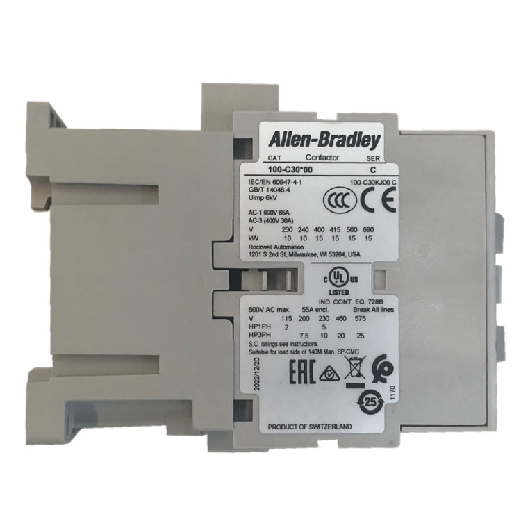 ALLEN BRADLEY 100-C30KJ00 CONTACTOR, SCREW TERMINALS, 15KW/400V, COIL 2 TERMINALS, COIL TERMINALS AT LINE SIDE, CONTROL VOLTAGE 24V 50/60HZ, NO AUXILIARY CONTACT, SINGEL PACK
