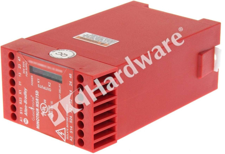 ALLEN BRADLEY 440R-M23048 MSR15DSAFETY MONITORING RELAY 24V AC DC INPUTS 2NCSAFETY OUTPUTS 2NO INSTANTANEOUS 1NO 01 TO 10 SECS DELAYED AUXILIARY OUTPUTS 1NC INSTANTANEOUS FIXED TERMINALS 455MM HOUSING