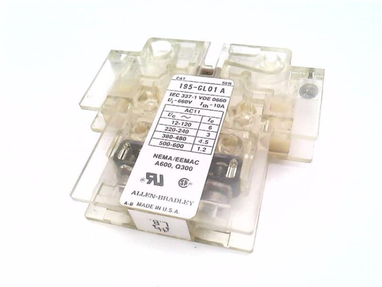ALLEN BRADLEY 195-GL01 AUXILIARY CONTACT BLOCK, SIDE MOUNTING, 1 N.C (LATE BREAK) ALLEN BRADLEY 195-GL01 AUXILIARY CONTACT BLOCK, SIDE MOUNTING, 1 N.C (LATE BREAK)