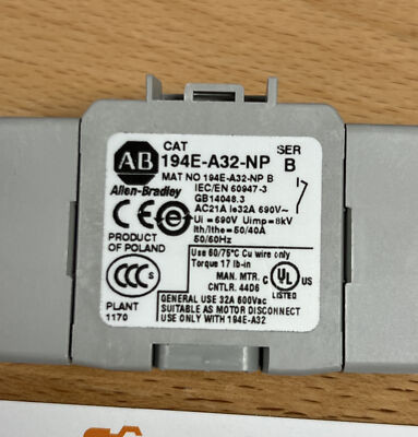 ALLEN BRADLEY 194E-A32-NP  FOURTH POLE, 1 EARLY MAKE CONTACT, FOR USE WITH 194E-A32, BASE MOUNTING