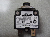 AIRPAX ATR20A63SWB2B100 CIRCUIT BREAKER, THERMAL, 1P, 250V, 10A; VOLTAGE RATING VDC:50V; VOLTAGE RATING VAC:250V; CURRENT RATING:10A; NO. OF POLES:1; CIRCUIT BREAKER MOUNTING