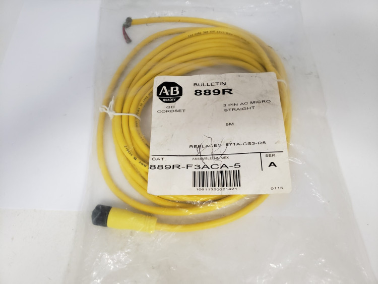 ALLEN BRADLEY 889R-F3ACA-5 QD CORDSET, AC MICRO, STRAIGHT FEMALE, 3-PIN, 5M, 22AWG