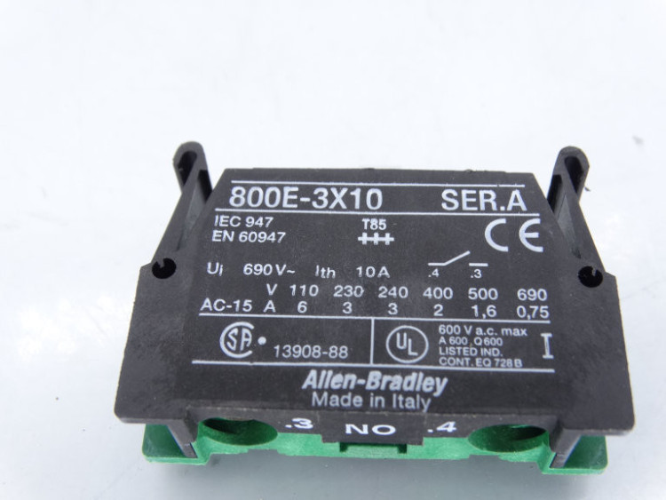 ALLEN BRADLEY 800E-3X10E 22.5MM PB LATCH MOUNT CONTACT BLOCK, 3 ACROSS, 1 N.O.E.M. ALLEN BRADLEY 800E-3X10E 22.5MM PB LATCH MOUNT CONTACT BLOCK, 3 ACROSS, 1 N.O.E.M.