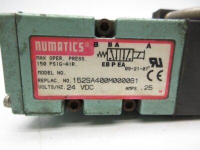 NUMATICS 152SA400M000061 SOLENOID VALVE 150PSIG MAX 24VDC/.25AMP NUMATICS 152SA400M000061 SOLENOID VALVE 150PSIG MAX 24VDC/.25AMP