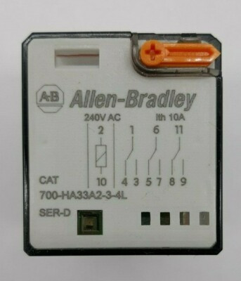 ALLEN BRADLEY 700-HA33A2-4L GENERAL PURPOSE RELAY, 10A CONTACT, 3-POLE DOUBLE THROW, 240V 50/60HZ, NO MANUAL OPERATOR, PILOT LIGHT, SINGLE PACK