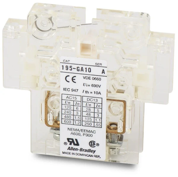 ALLEN BRADLEY 195-GA10 AUXILIARY CONTACT BLOCK, SIDE MOUNTING, 1 N.O. 0 N.C. ALLEN BRADLEY 195-GA10 AUXILIARY CONTACT BLOCK, SIDE MOUNTING, 1 N.O. 0 N.C.