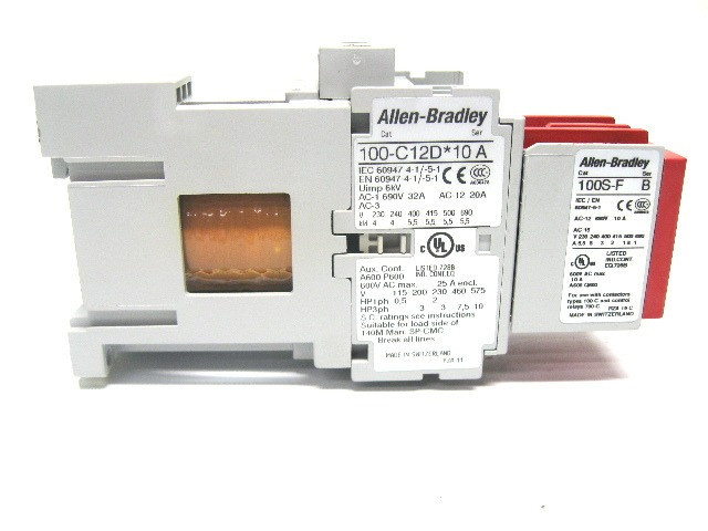 ALLEN BRADLEY 100S-C12DJ14C SAFETY CONTACTOR, SCREW TERMINALS, 5.5KW/400V, COIL 2 TERMINALS, COIL TERMINALS AT LINE SIDE, CONTROL VOLTAGE 24V DC WITH DIODE, 1 N.O. + 4 N.C. AUXILIARY CONTACT, SINGEL PACK