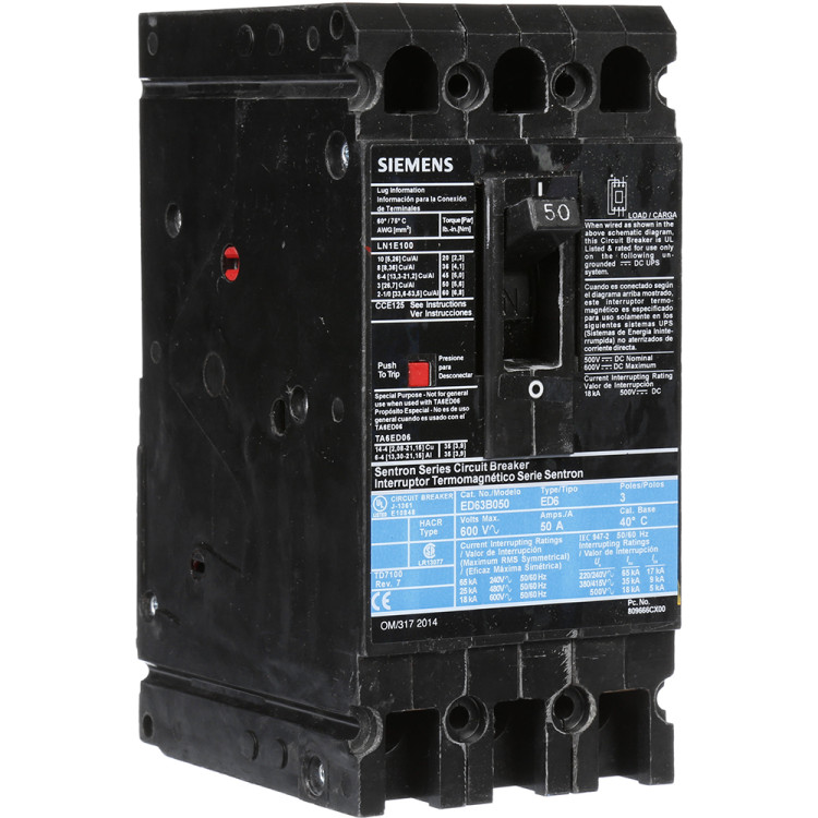 SIEMENS ED63B050 BREAKER ED 3P 50A 600V 18KA LD LUG SIEMENS ED63B050 BREAKER ED 3P 50A 600V 18KA LD LUG