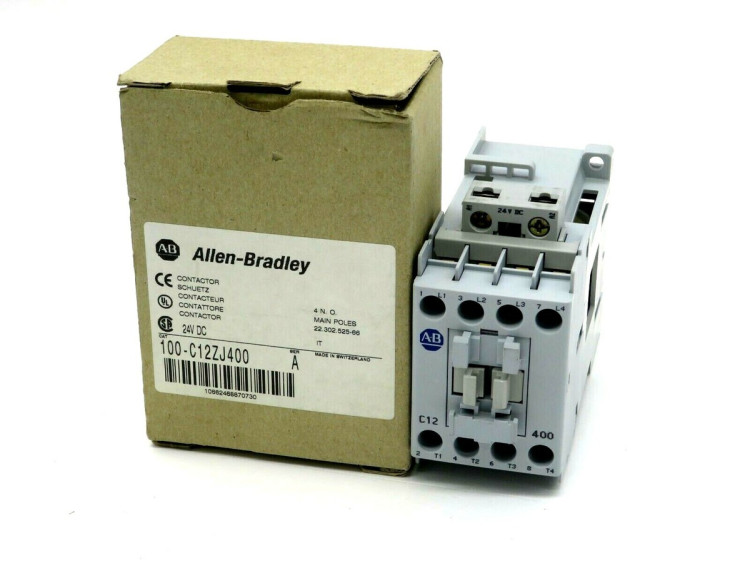 ALLEN BRADLEY 100-C12ZJ400 CONTACTOR, SCREW TERMINALS, 5.5KW/400V, COIL 2 TERMINALS, COIL TERMINALS AT LINE SIDE, CONTROL VOLTAGE 24V DC, 4 N.O. MAIN POLES, SINGEL PACK