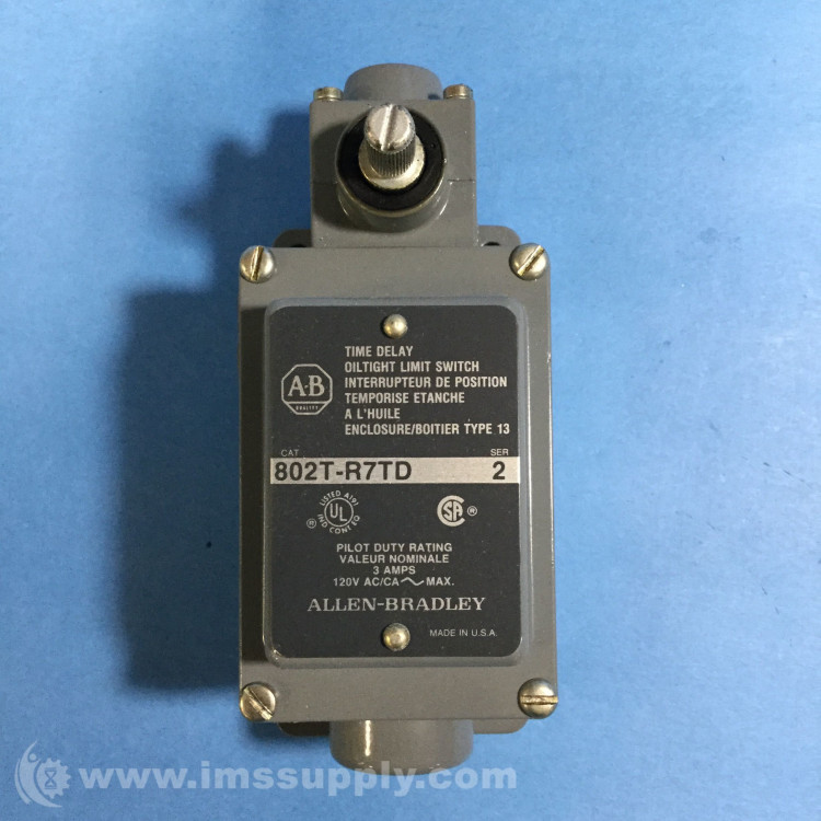 ALLEN BRADLEY 802T-R7TD LIMIT SWITCHES, NON PLUG-IN STYLE OILTIGHT, 1-CIRCUIT LEVER TYPE WITH TIME DELAY SPRING RETURN, ON-DELAY, CLOCKWISE, TRAVEL TO OPERATE 45 DEG ALLEN BRADLEY 802T-R7TD LIMIT SWITCHES, NON PLUG-IN STYLE OILTIGHT, 1-CIRCUIT LEVER TYPE WITH TIME DELAY SPRING RETURN, ON-DELAY, CLOCKWISE, TRAVEL TO OPERATE 45 DEG