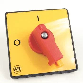 ALLEN BRADLEY 194L-HE6L-175 ACTUATOR FOR CONTROL AND LOAD SWITCH WITH SCREW FIXTURE, EMERGENCY STOP TYPE, BLACK FRAME 64 X 64 MM, RED KNOB, PROVISION FOR 1 PADLOCK, YELLOW LEGEND PLATE, ON-OFF SWITCH, 90 DEGREES, 0-1, 0H.9