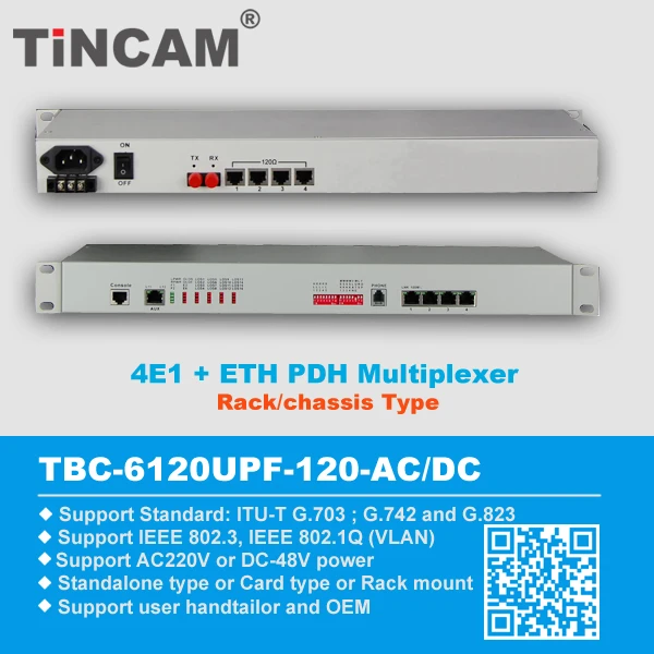 4*E1+10/100M Ethernet PDH, 1U 19” RACK, AC+DC, 20km,SC