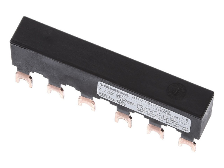 SIEMENS 3RV1915-1AB 3 PHASES SAMMELSCHIENEN SHARING DISTANCE 45MM FOR 2 SWITCHES, CONNECTIONS IN FORK SHAPE SIEMENS 3RV1915-1AB 3 PHASES SAMMELSCHIENEN SHARING DISTANCE 45MM FOR 2 SWITCHES, CONNECTIONS IN FORK SHAPE