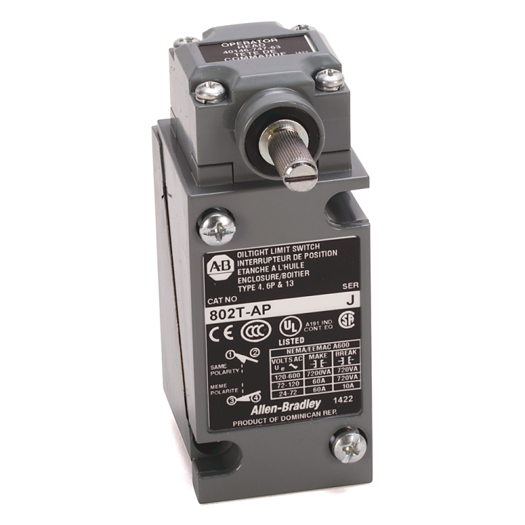 ALLEN BRADLEY 802T-A2P LIMIT SWITCHES, LEVER TYPE, SPRING RETURN, PLUG-IN STYLE, OILTIGHT, 2-CIRCUIT, W/O LEVER, COUNTERCLOCKWISE, 13DEG TRAVEL TO OPERATE, 7DEG TRAVEL TO RESET, 0.29 NM TORQUE TO OPERATE