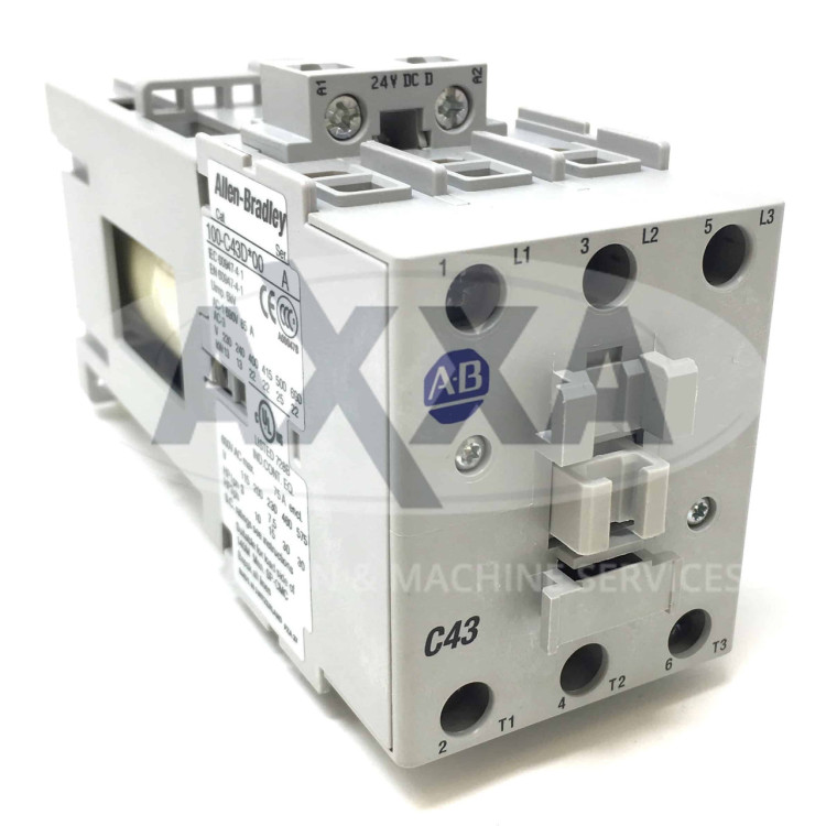 ALLEN BRADLEY 100-C43DJ00 CONTACTOR, SCREW TERMINALS, 22KW/400V, COIL 2 TERMINALS, COIL TERMINALS AT LINE SIDE, CONTROL VOLTAGE 24V DC WITH DIODE, NO AUXILIARY CONTACT, SINGEL PACK