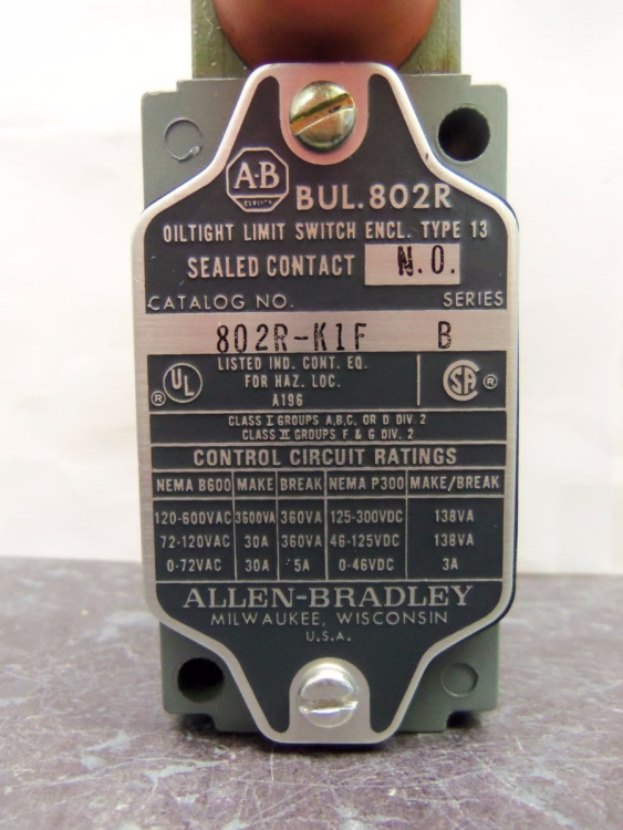 ALLEN BRADLEY 802R-K1F SWITCH,LIMIT 600V AC MAX 5 AMP MAX ALLEN BRADLEY 802R-K1F SWITCH,LIMIT 600V AC MAX 5 AMP MAX
