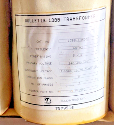 ALLEN BRADLEY 1388-T050DR TRANSFORMER 5KVA 240/480V ALLEN BRADLEY 1388-T050DR TRANSFORMER 5KVA 240/480V