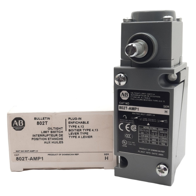 ALLEN BRADLEY 802T-AMP1 LIMIT SWITCHES, LEVER TYPE, MAINTAINED CONTACT/ NEUTRAL POSITION, PLUG-IN STYLE OILTIGHT SWITCHES, 2 CIRCUIT, SWITCH W/O LEVER, CLOCK-/COUNTERCLOCKWISE, 61DEG TRAVEL TO OPERATE, 28DEG TRAVEL TO RESET ALLEN BRADLEY 802T-AMP1 LIMIT SWITCHES, LEVER TYPE, MAINTAINED CONTACT/ NEUTRAL POSITION, PLUG-IN STYLE OILTIGHT SWITCHES, 2 CIRCUIT, SWITCH W/O LEVER, CLOCK-/COUNTERCLOCKWISE, 61DEG TRAVEL TO OPERATE, 28DEG TRAVEL TO RESET