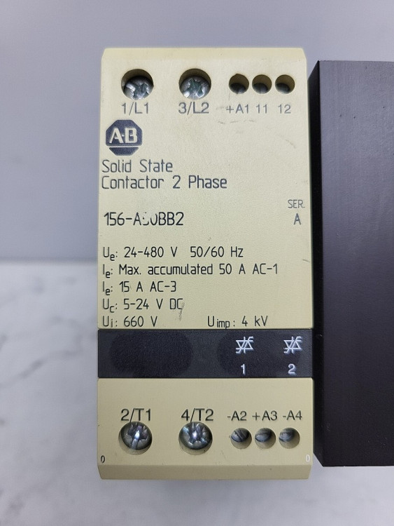 ALLEN BRADLEY 156-A50BB2 156 SOILD STATE CONTACTOR, 50 AMPERES, LINE VOLTAGE 24-480V AC, CONTROL VOLTAGE 5-24 V DC, DUAL PHASE ALLEN BRADLEY 156-A50BB2 156 SOILD STATE CONTACTOR, 50 AMPERES, LINE VOLTAGE 24-480V AC, CONTROL VOLTAGE 5-24 V DC, DUAL PHASE